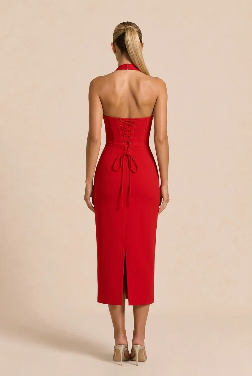Red Lace Halter Plunge Neck Sleeveless Bodycon Midi Dress [erp-image:3bb73987e49ff4cca8f0cfdb]