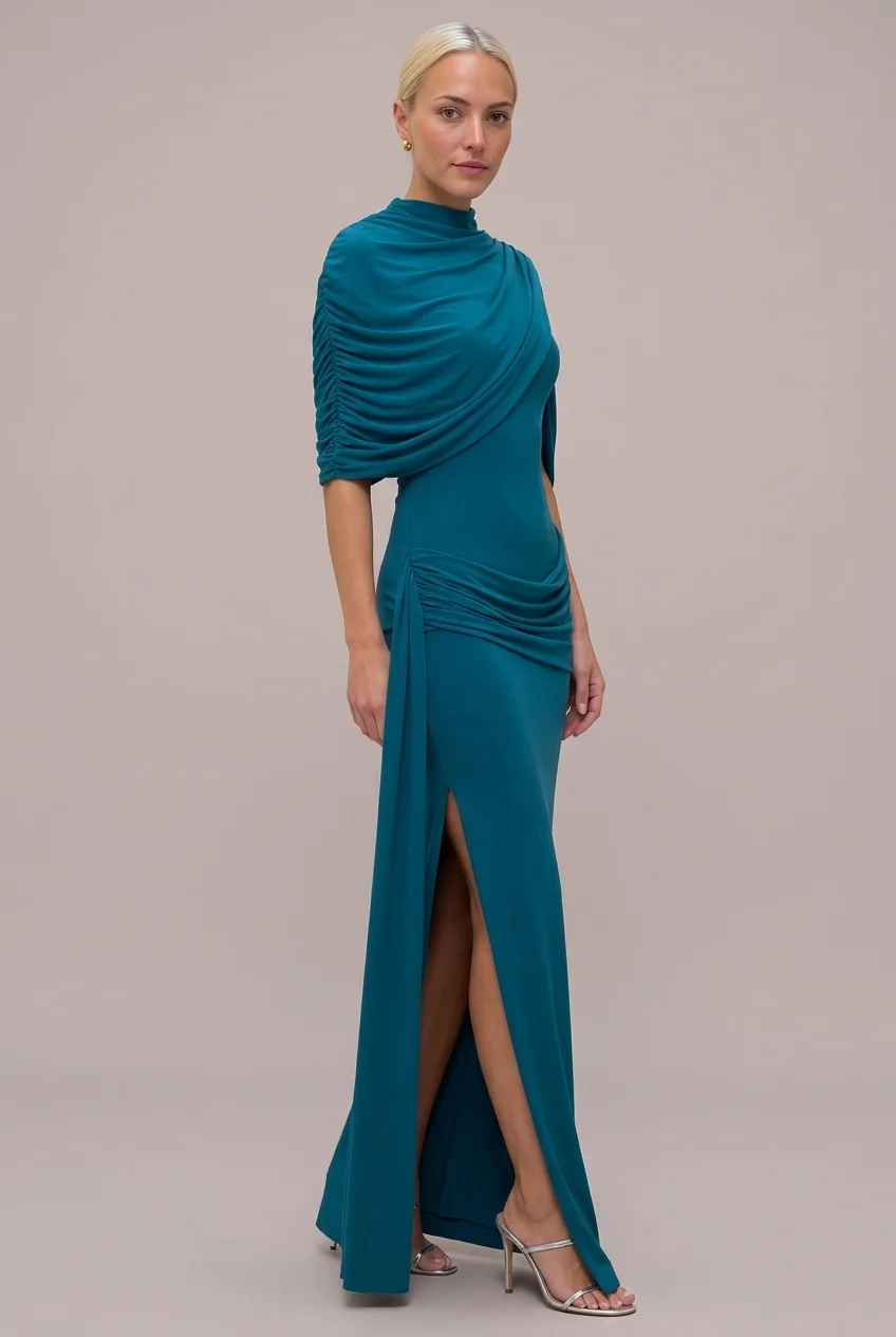 High Neck Draped Cape Asymmetric Ruched Maxi Dress with Slit [erp-image:dee42fae99799269be0d8871]