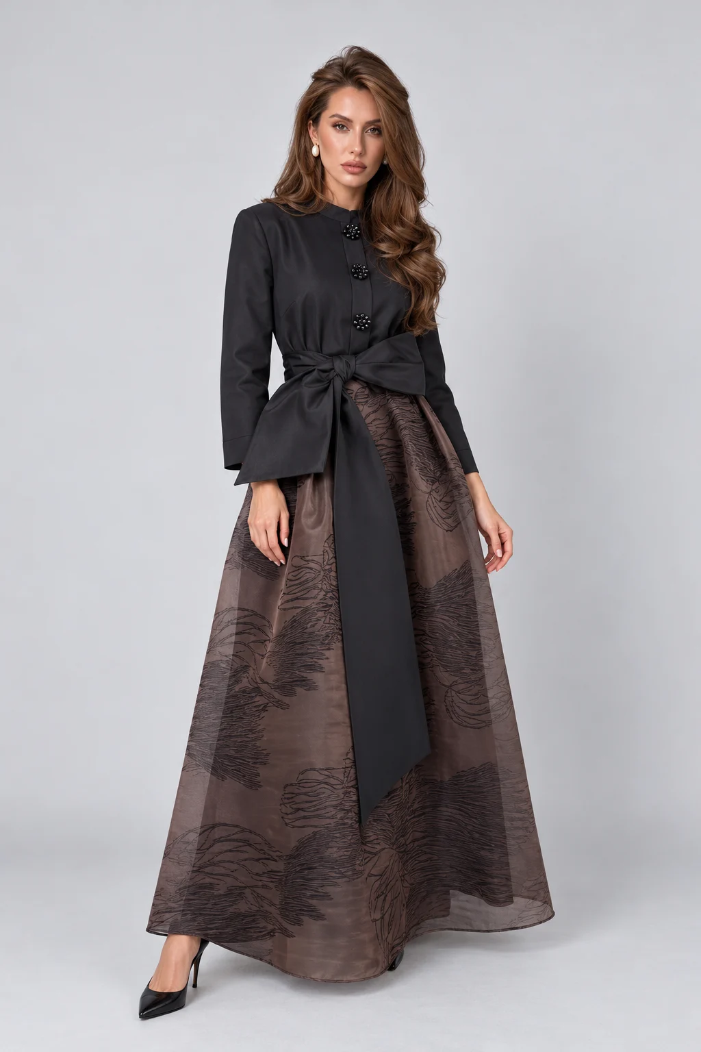 Elegant Black Long Sleeve Bow Belted Shirt Dress with Floral Buttons [erp-image:d5a96d3c1b4d1630a2596492]