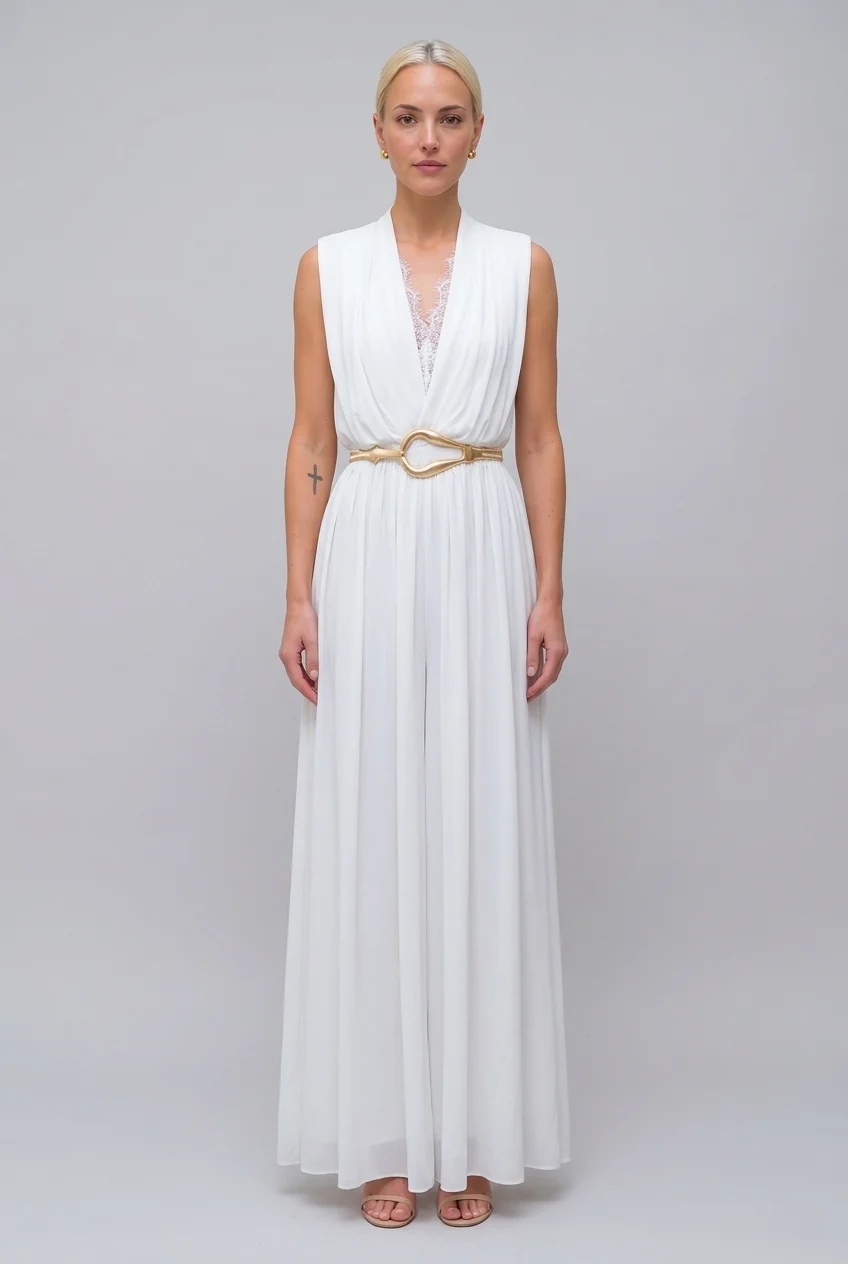 Sleeveless Deep V-Neck Lace Trim Pleated Maxi Dress in White [erp-image:535b4745189181767762f017]