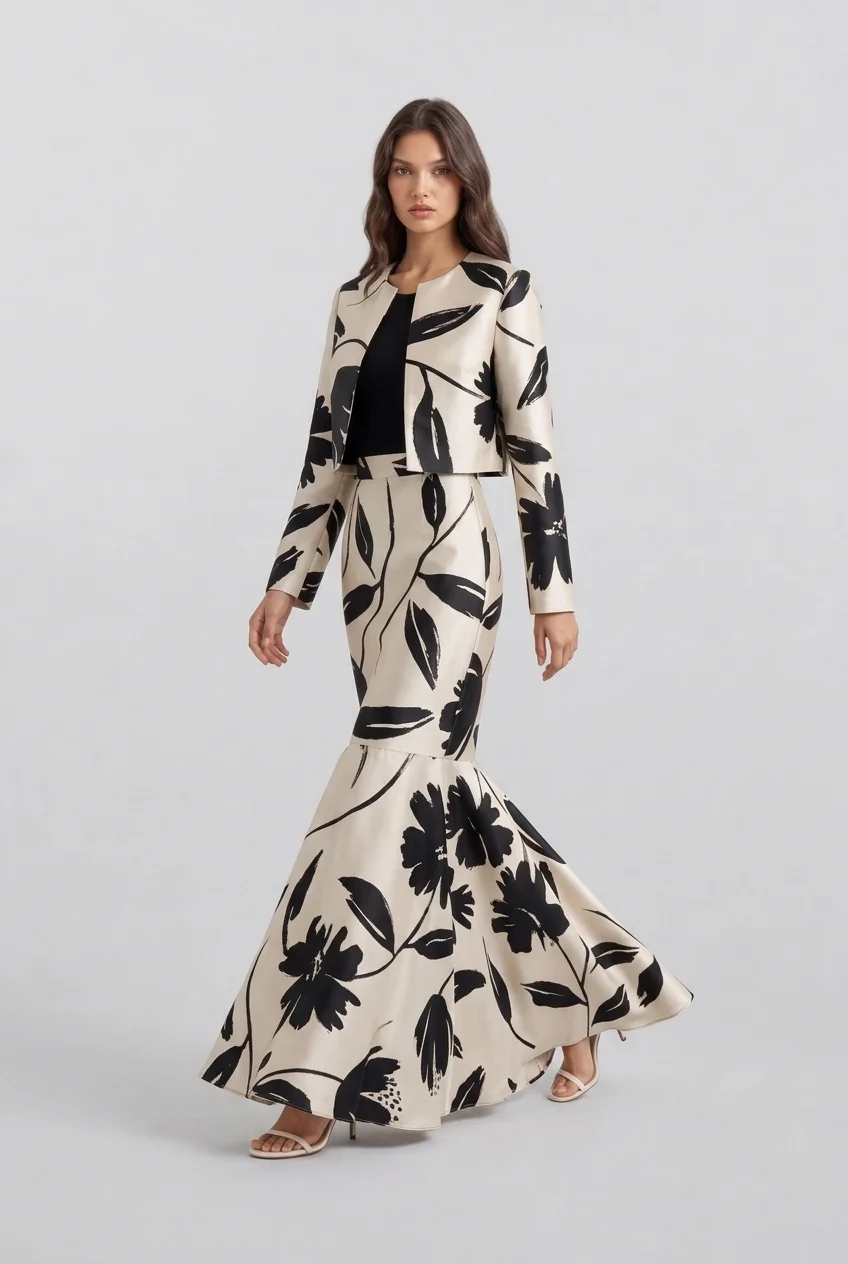 Floral Print Cropped Jacket and High Waisted Mermaid Skirt Two Piece Set [erp-image:3e03d603d9bd45e3699ba301]