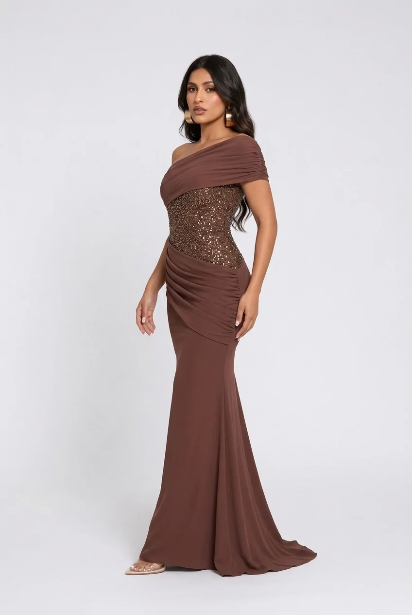 Brown One Shoulder Sequin Corset Draped Mermaid Maxi Evening Gown [erp-image:5b8c3a3a407c2960b091fc79]