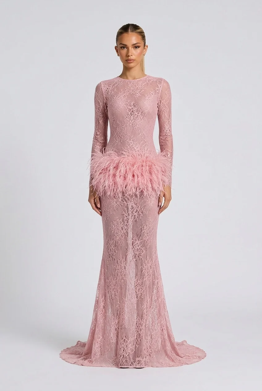 Lace Long Sleeve Feather Trim Maxi Evening Dress [erp-image:3df52d9201cf7d1077afbe5f]