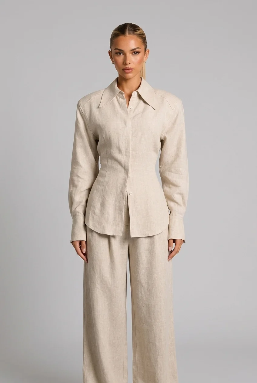 Long Sleeve Button Down Shirt and Wide Leg Pants Two Piece Set [erp-image:5139066d0dd60f7ba3ac8d5c]