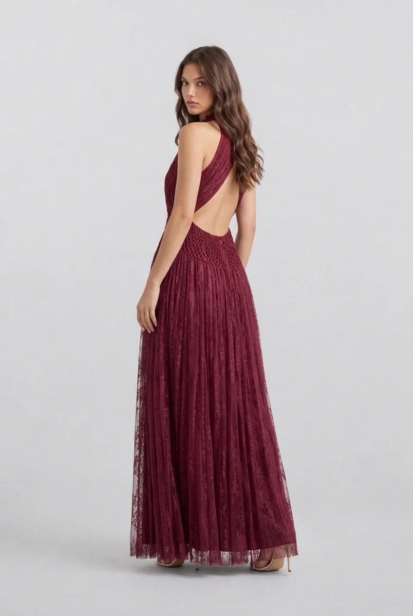 Burgundy Halter High Neck Pleated Mesh Sleeveless Maxi Evening Dress [erp-image:67e0302ed2927c99501e3063]
