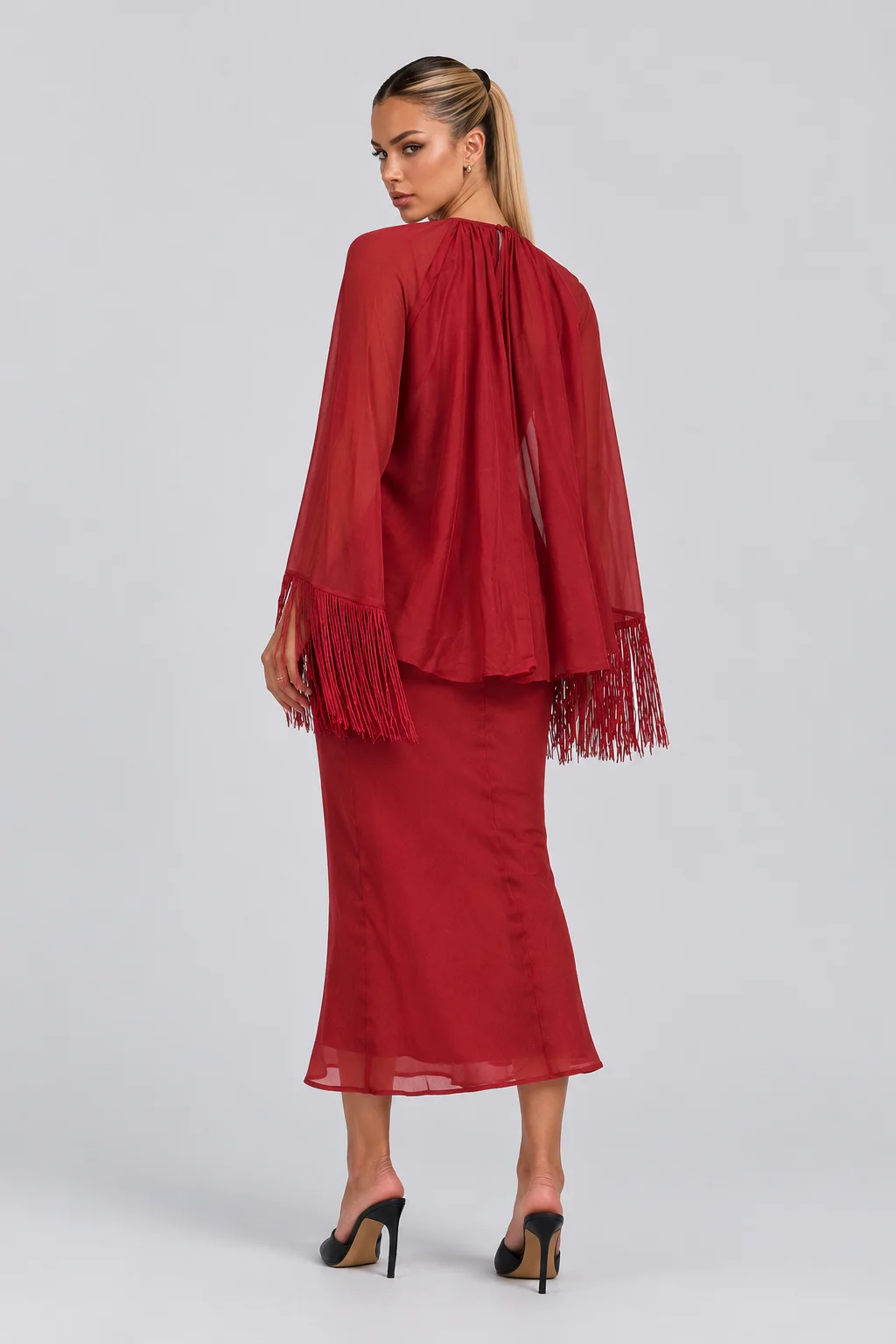 Red Fringe Capelet Top and Slip Midi Dress Two Piece Set [erp-image:5ae836ea88fc632b172d432d]