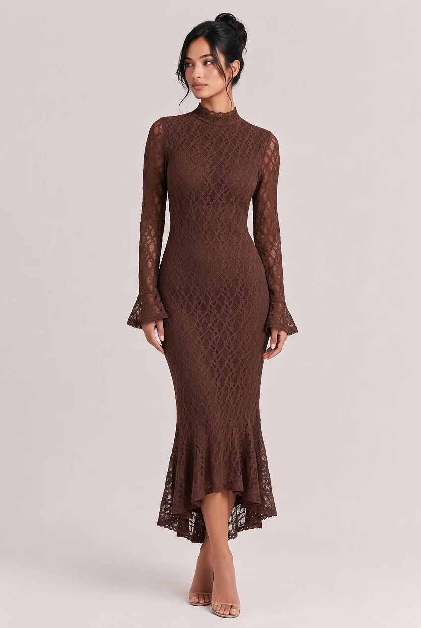Brown Mock Neck Long Sleeve Lace Mermaid Midi Dress [erp-image:938e365c298bc38f928ce506]