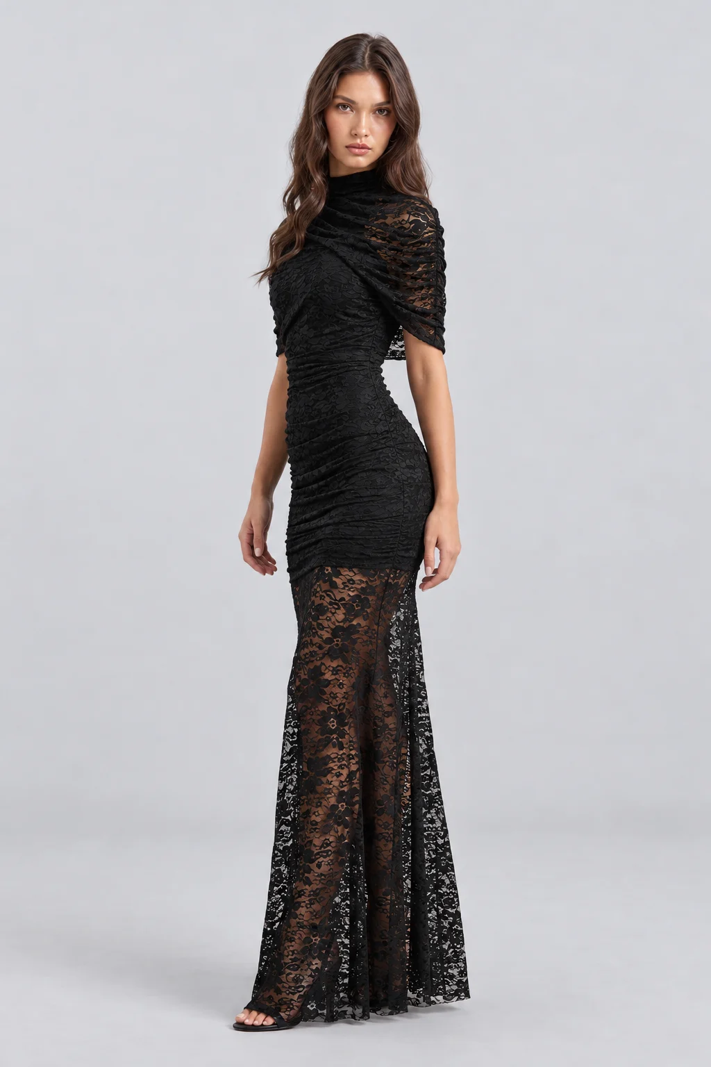 High Neck Ruched Black Floral Lace Semi Sheer Column Maxi Dress [erp-image:08e662d46fe12111466675ce]
