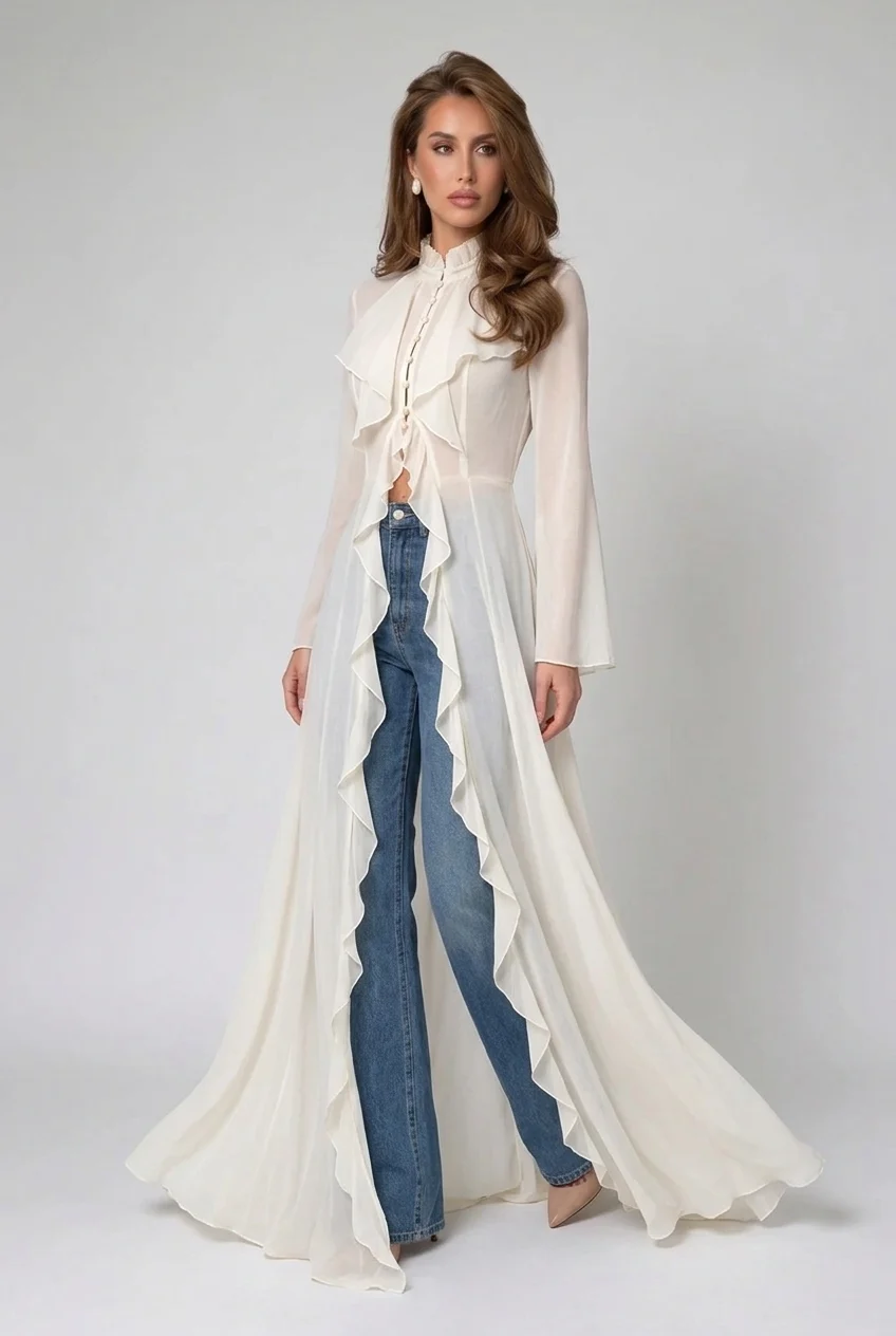 Ivory Ruffle Trim High Neck Sheer Chiffon Maxi Blouse Duster Top [erp-image:2ec6aaa7b16196d572140e45]