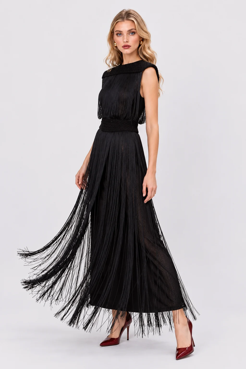 Women's Black Fringe Sleeveless Top and Maxi Skirt Two Piece Set [erp-image:929a13b67cdbafde9e20a01f]