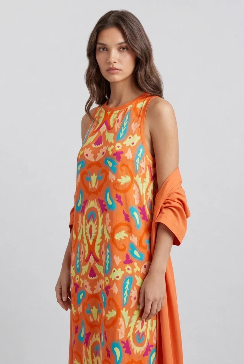 Women's Orange Boho Print Sleeveless Maxi Dress and Long Cardigan Two Piece Outfit Set [erp-image:c8152b8c587a6bf6e3f25666]