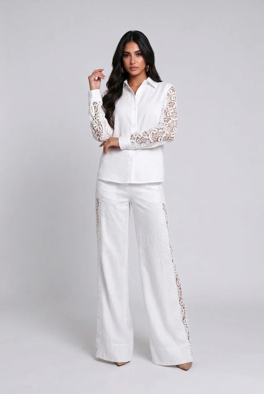 White Lace Panel Long Sleeve Shirt and Wide Leg Pants Two Piece Set [erp-image:f17de8284b3831542377801b]