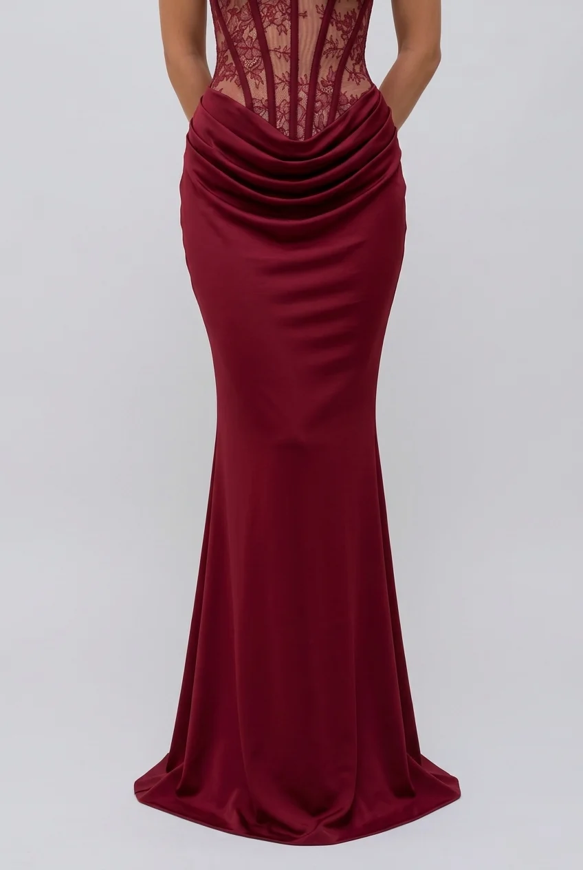 Burgundy Strapless Lace Corset Draped Bodice Floor Length Evening Maxi Dress [erp-image:8f20703b513f79a1ad016516]