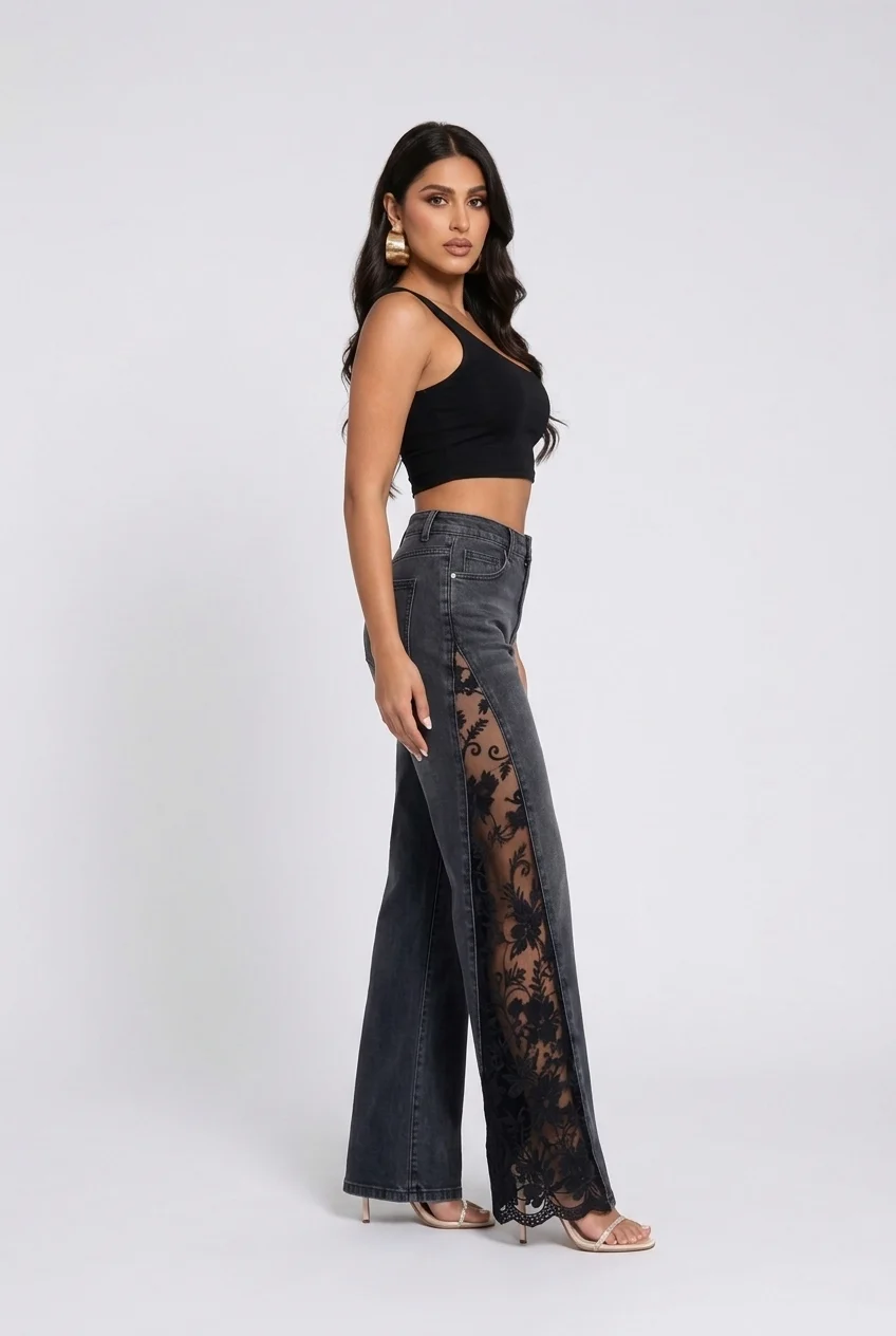 Women's Black High Rise Flare Jeans with Sheer Floral Lace Panels [erp-image:5390832761dda2b1f5d3e6f3]