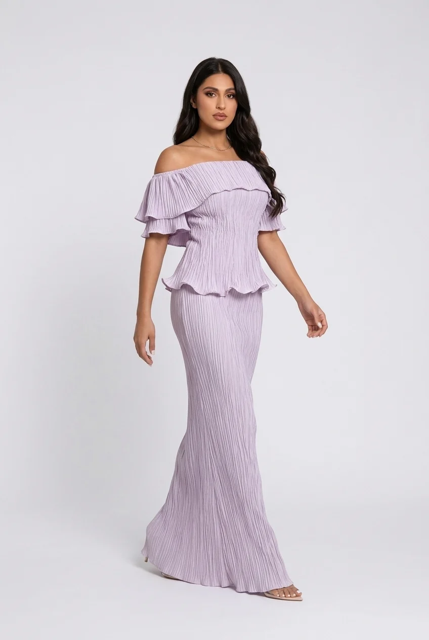Plissé Pleated Off Shoulder Peplum Column Maxi Dress for Wedding Guests [erp-image:888dbc3fd63a5f87d235e8e6]