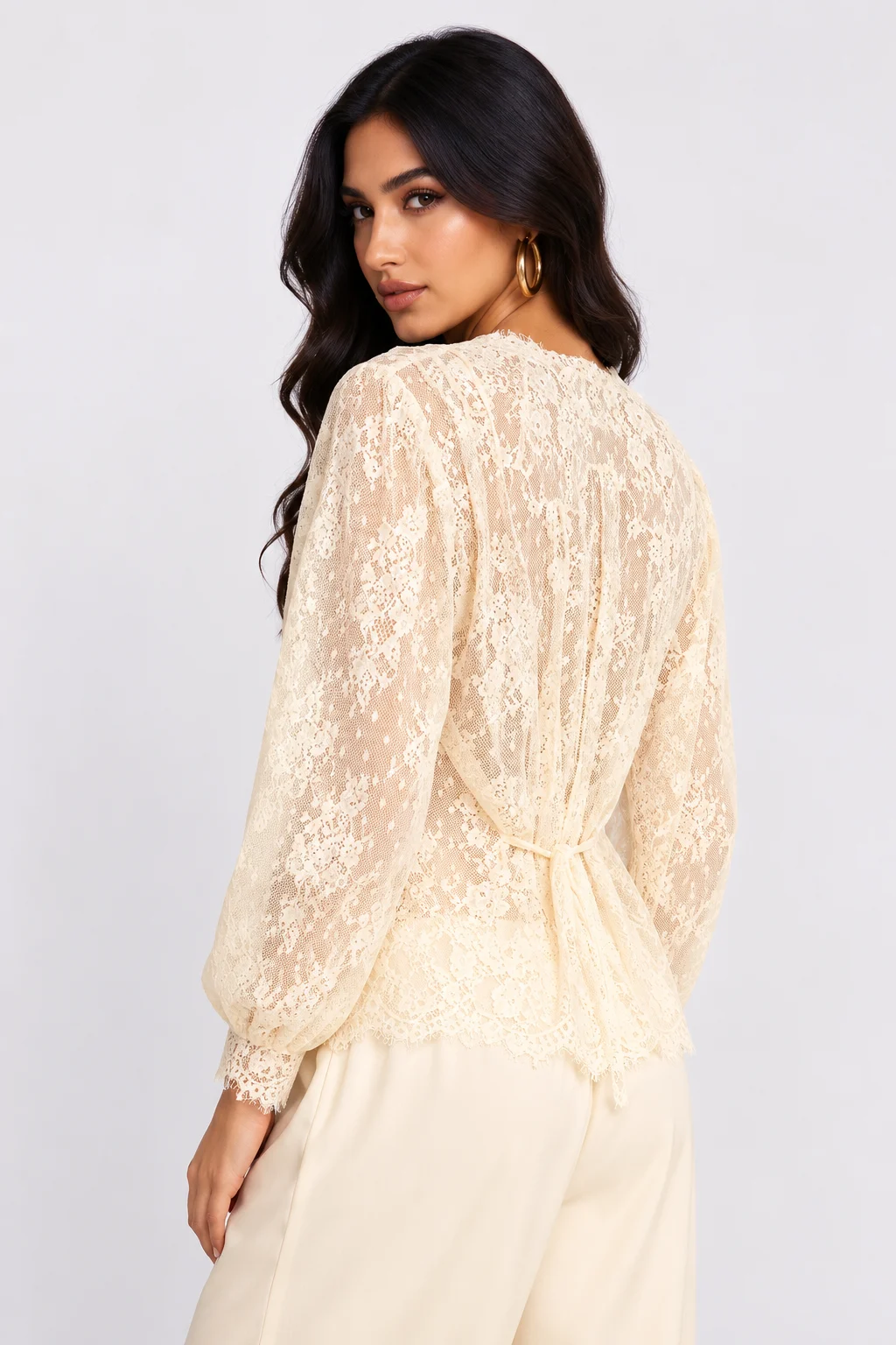 Sheer Floral Lace Deep V-Neck Long Sleeve Blouse Top [erp-image:3e06b9472f42fd832f7aa204]