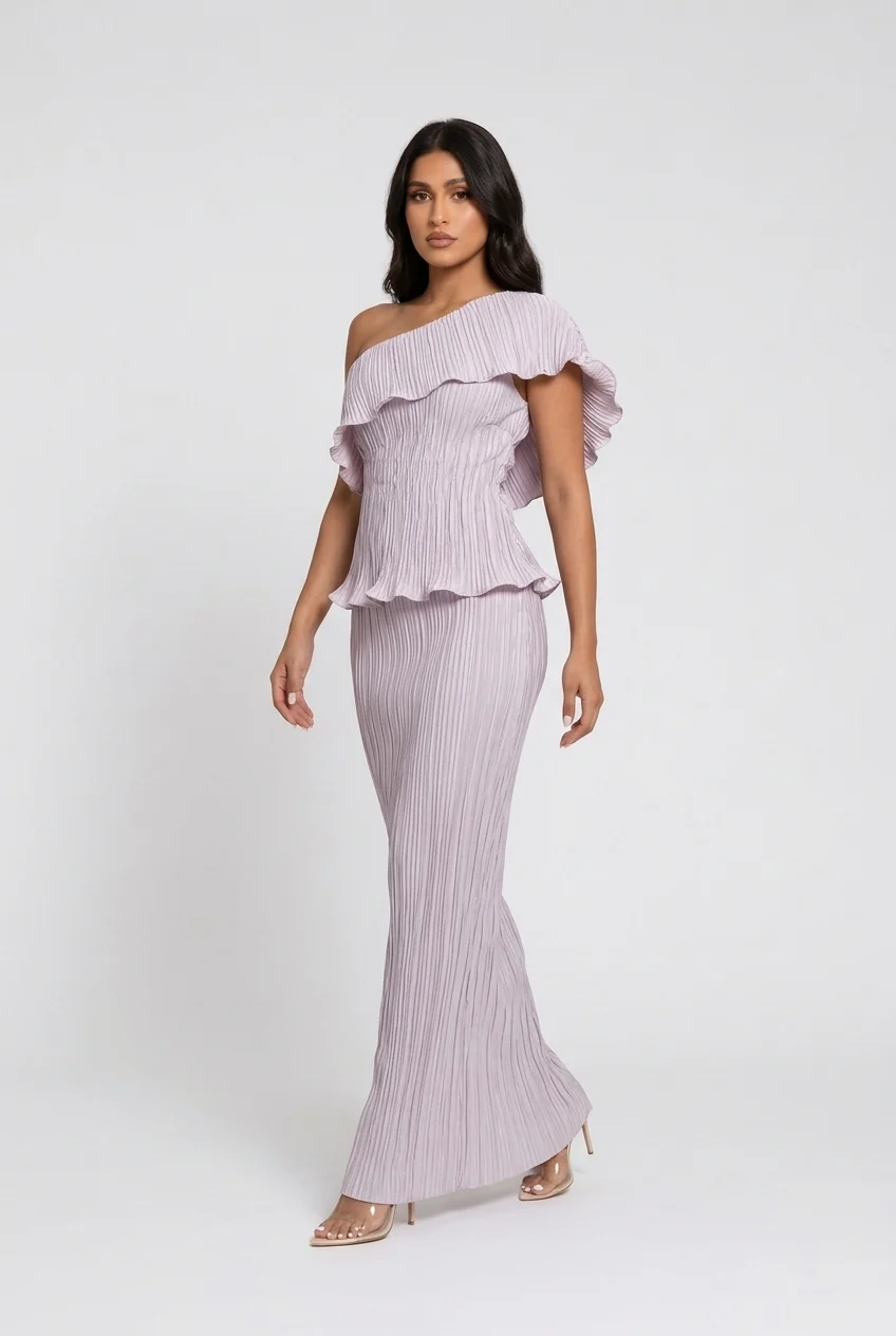 Plissé Pleated Off Shoulder Peplum Column Maxi Dress for Wedding Guests [erp-image:edb201665056a8fdd5281d4a]