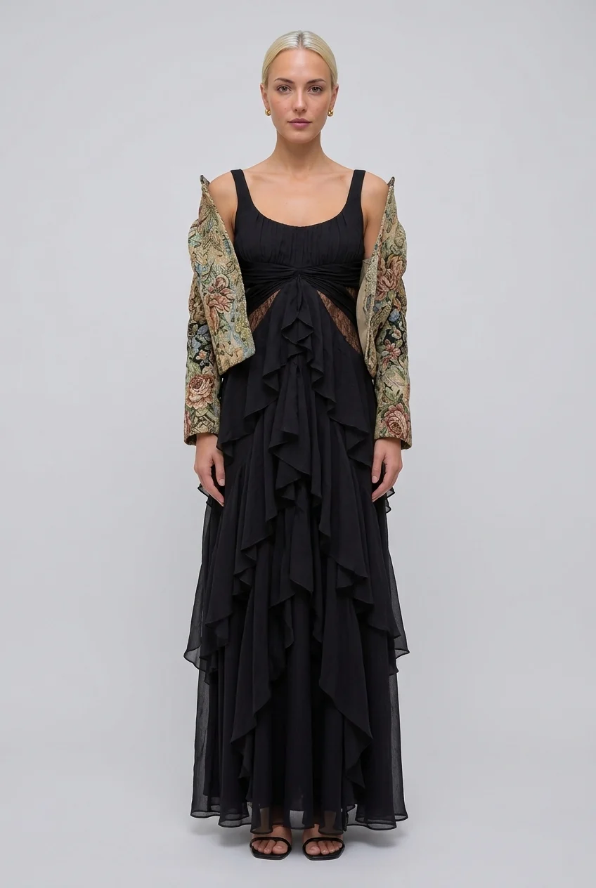 Vintage Brocade Cropped Jacket and Ruffle Maxi Dress Two Piece Set [erp-image:a766d1c2a3b1e6af62129f46]