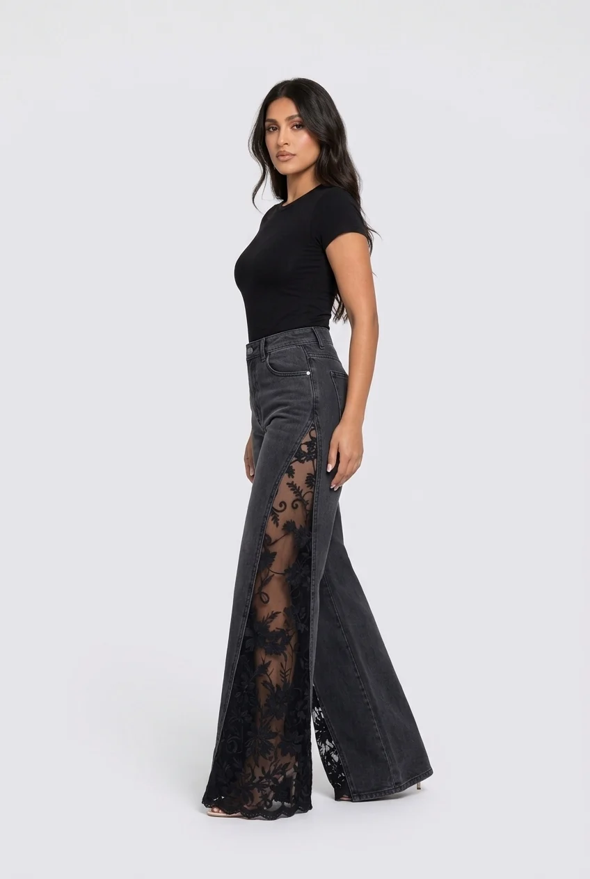 Women's Black High Rise Flare Jeans with Sheer Floral Lace Panels [erp-image:90588a34ad801dac25591652]