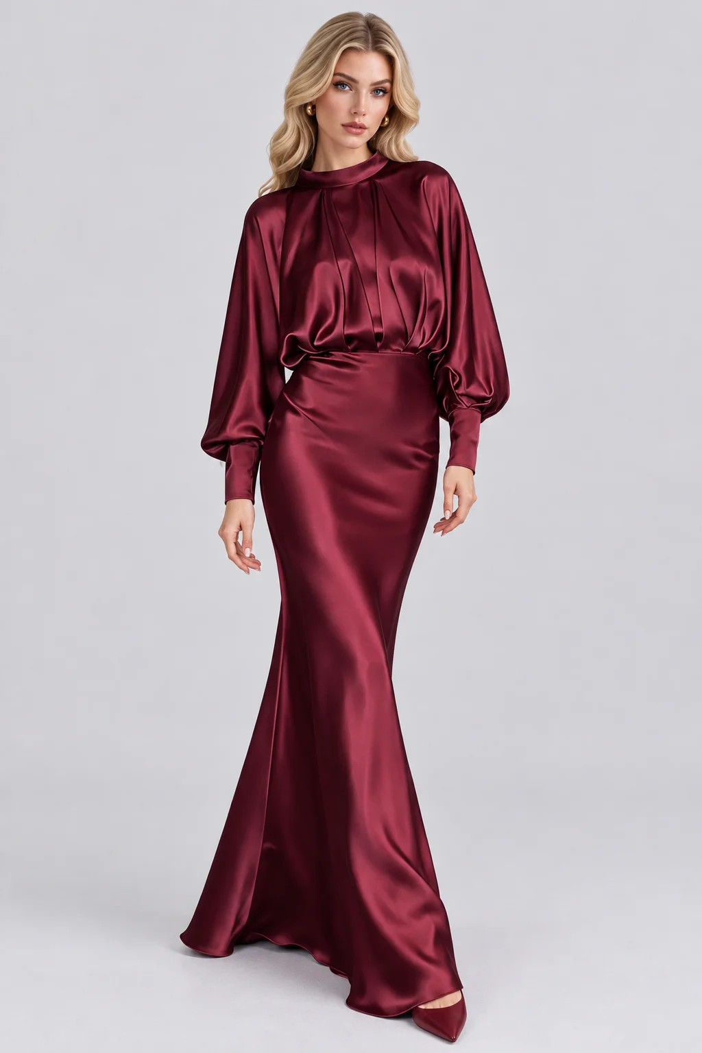 High Neck Bishop Sleeve Gathered Bodice Satin Maxi Dress [erp-image:fb187d14ed4f64002055415b]