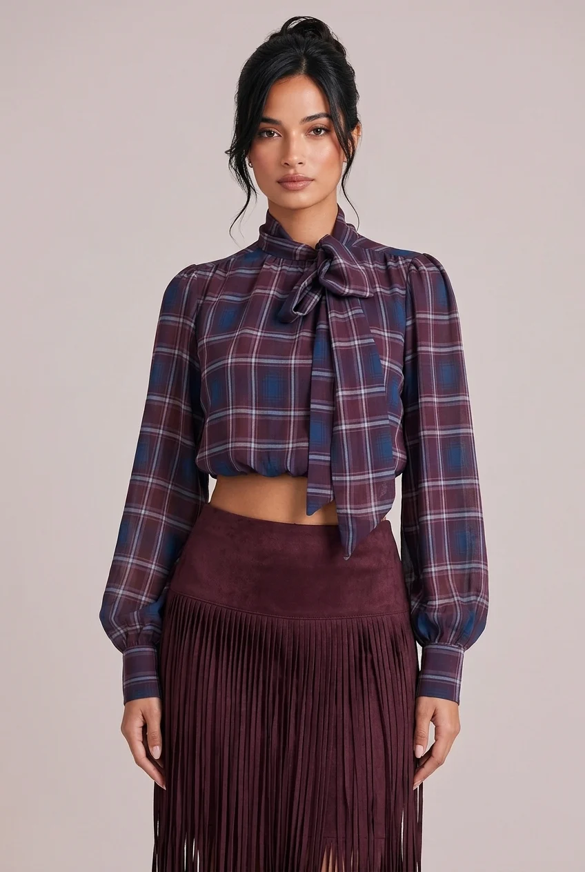 Plaid Bow Tie Blouse and Fringe Maxi Skirt Two Piece Set [erp-image:d485f88f201dc22a03f7f346]