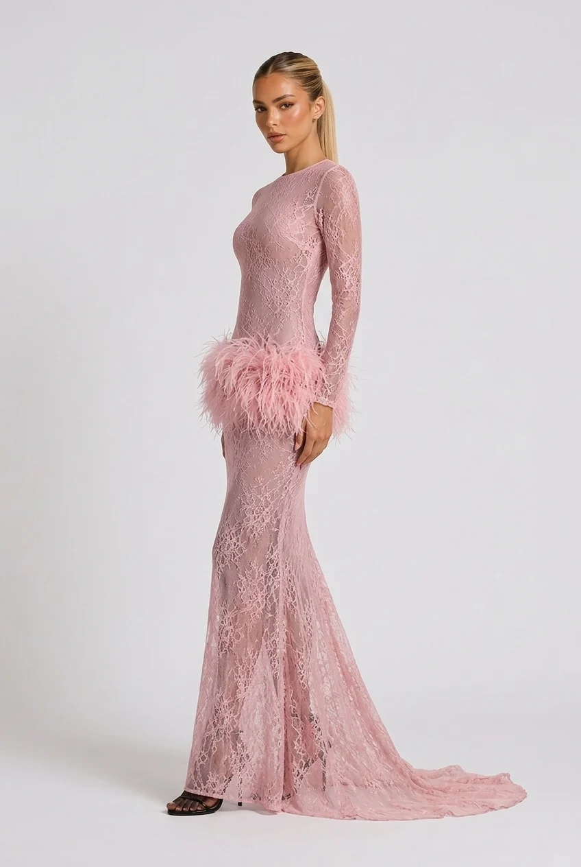 Lace Long Sleeve Feather Trim Maxi Evening Dress [erp-image:8e74c65d52af7cbe873e6307]