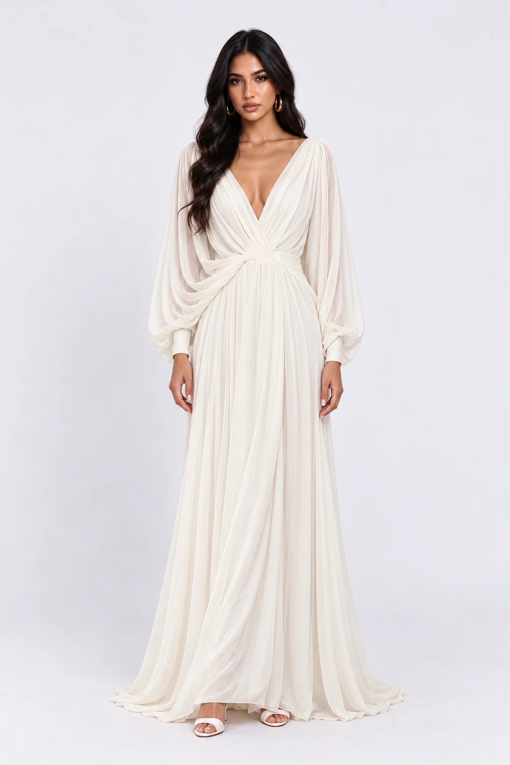 Deep V-Neck Long Sleeve Chiffon Ruched A-Line Maxi Wedding Dress [erp-image:09464b368c4655949975675b]