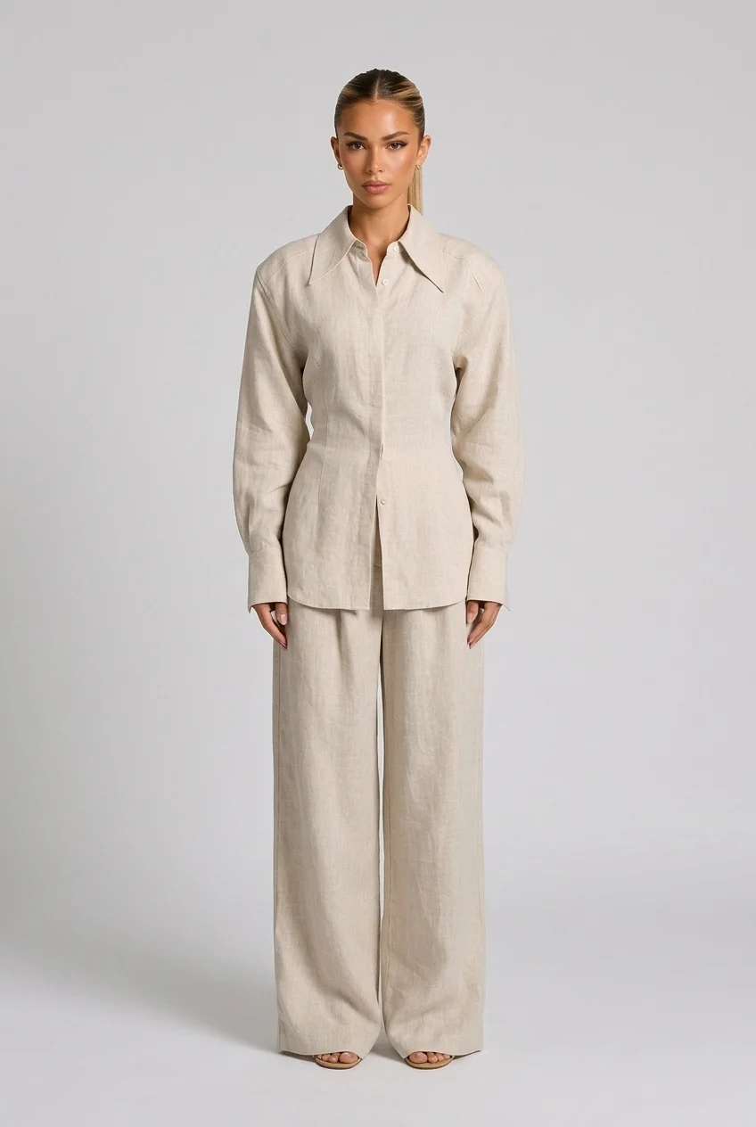 Long Sleeve Button Down Shirt and Wide Leg Pants Two Piece Set [erp-image:e51171e975570b201bf6f4be]