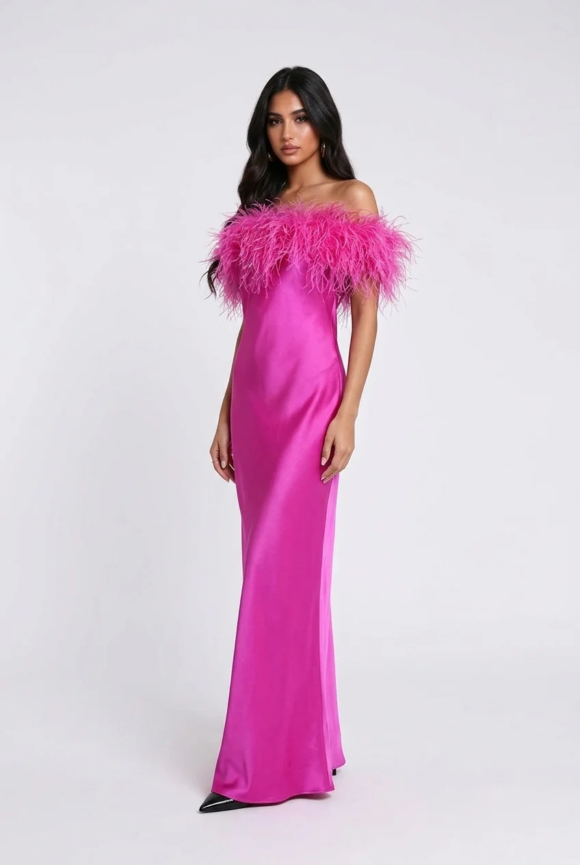 Feather Trim Off-the-Shoulder Satin Column Maxi Dress [erp-image:d271d8f387590aa0f4d7d003]
