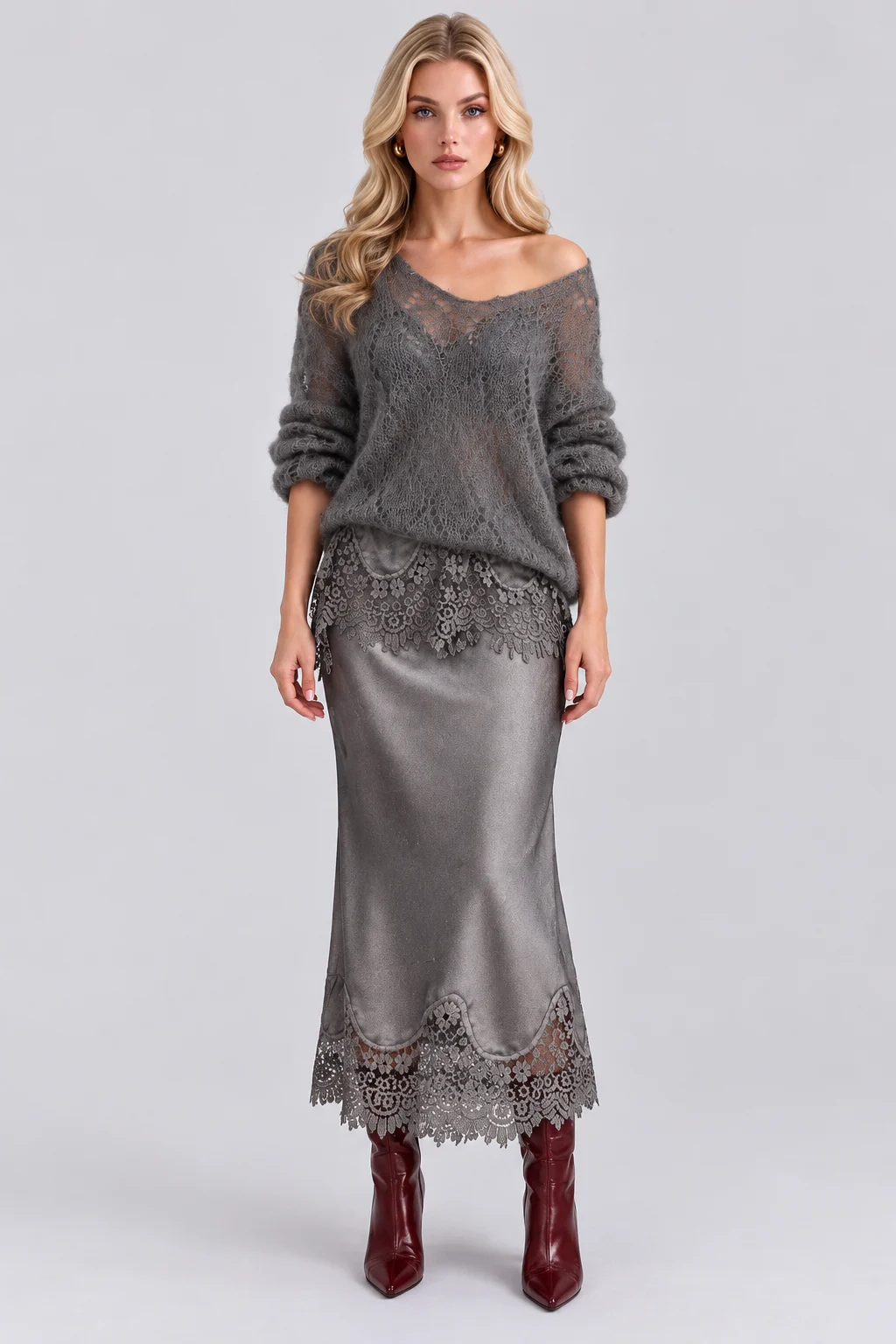 Open Knit Sweater and Lace Trim Satin Midi Skirt Set [erp-image:87614cd1cb0fd63930460ede]