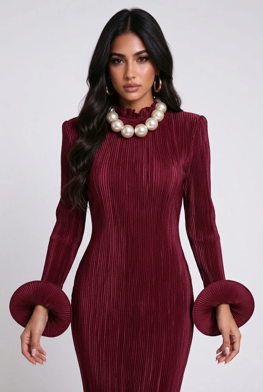 Pleated High Neck Long Sleeve Fluted Cuff Maxi Dress [erp-image:0dd09440d5c0ed3b14b6d363]
