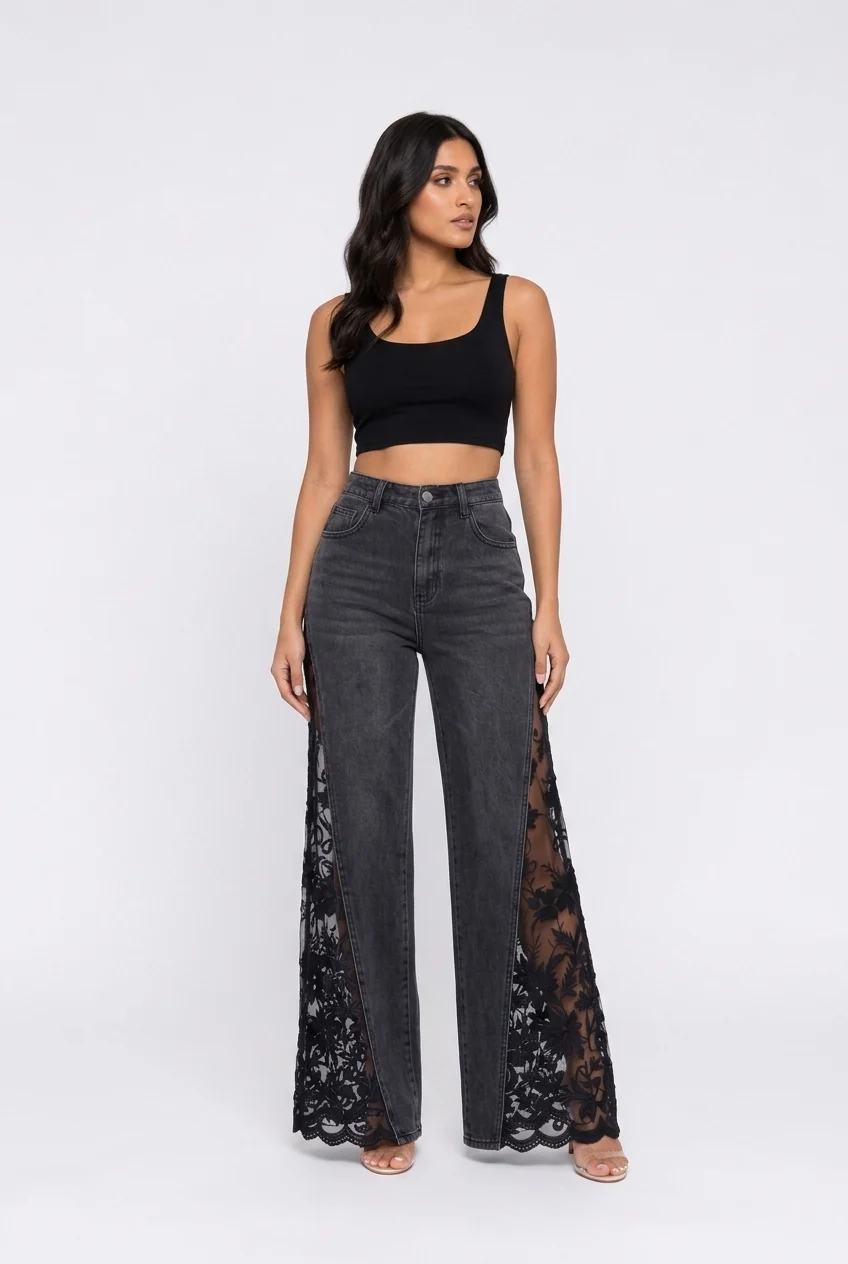 Women's Black High Rise Flare Jeans with Sheer Floral Lace Panels [erp-image:c1633ecb2c638399d63615b2]