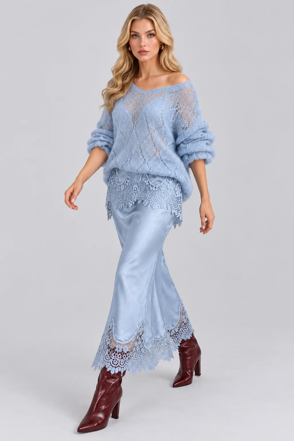 Open Knit Sweater and Lace Trim Satin Midi Skirt Set [erp-image:2f8b6c0a7c95ec5bf8927725]