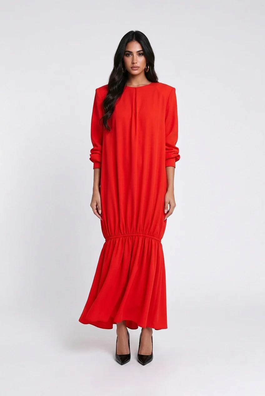 Red Padded Shoulder Long Sleeve Drop Waist Maxi Dress with Flounce Hem [erp-image:aa12295ba4c5438f0589ee0b]