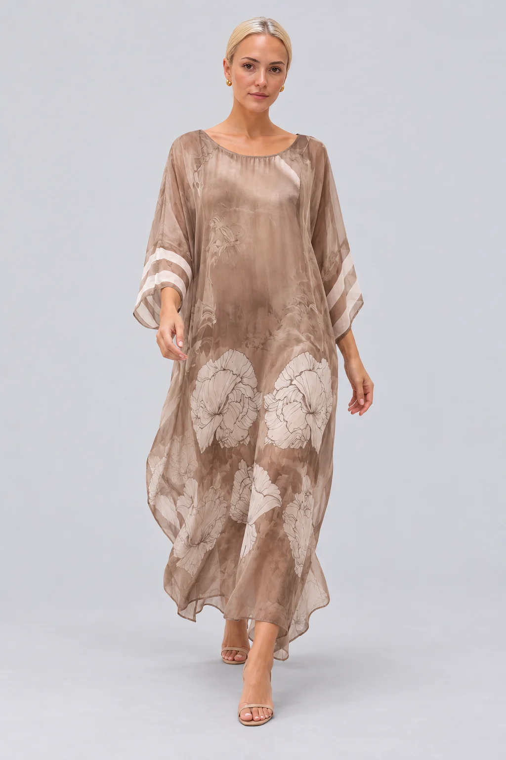 Floral Print Sheer Chiffon Kaftan Maxi Dress with Wide Sleeves [erp-image:2d9aa3f21ddbffcec9d8ece3]