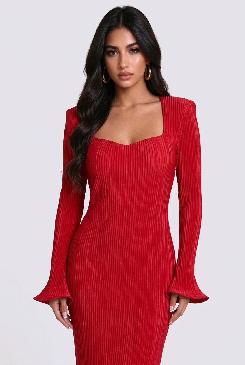Square Neck Long Sleeve Maxi Dress with Sculptural Petal Hem [erp-image:8cd4a913c12a8076260fb90d]