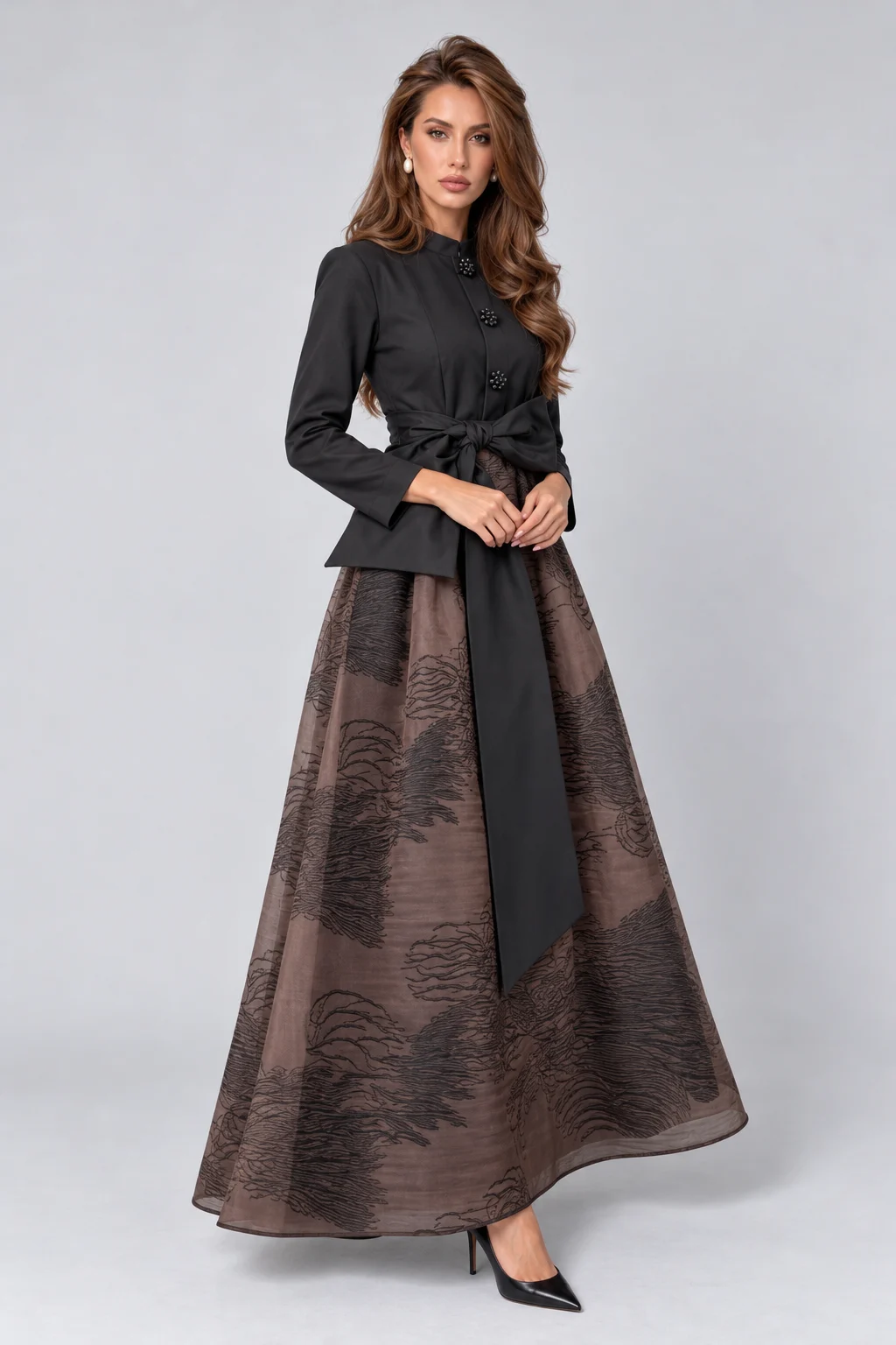 Elegant Black Long Sleeve Bow Belted Shirt Dress with Floral Buttons [erp-image:abfb281bcba0c06d49b04a18]