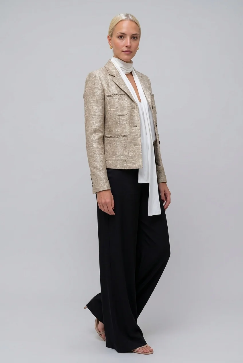 Women's Metallic Textured Tweed Blazer Jacket with Notched Lapel and Pockets [erp-image:5a5e63dd917293b0989a3c40]
