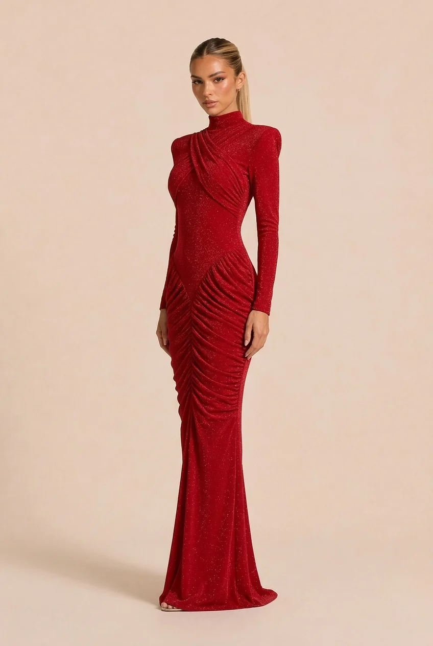 Red Glitter High Neck Ruched Long Sleeve Maxi Evening Dress with Shoulder Pads [erp-image:ffe78bf2a45d59ffe845cee2]