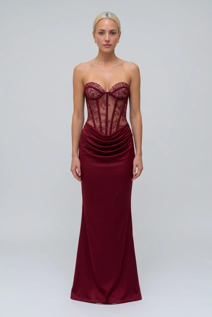 Burgundy Strapless Lace Corset Draped Bodice Floor Length Evening Maxi Dress [erp-image:89c86eca6f6b7ecad60a7157]
