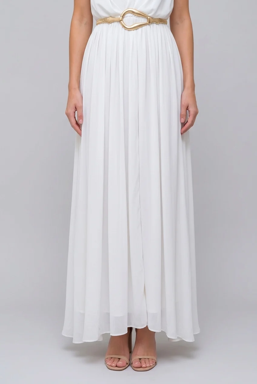 Sleeveless Deep V-Neck Lace Trim Pleated Maxi Dress in White [erp-image:f779a456930975bc85fe2a3e]