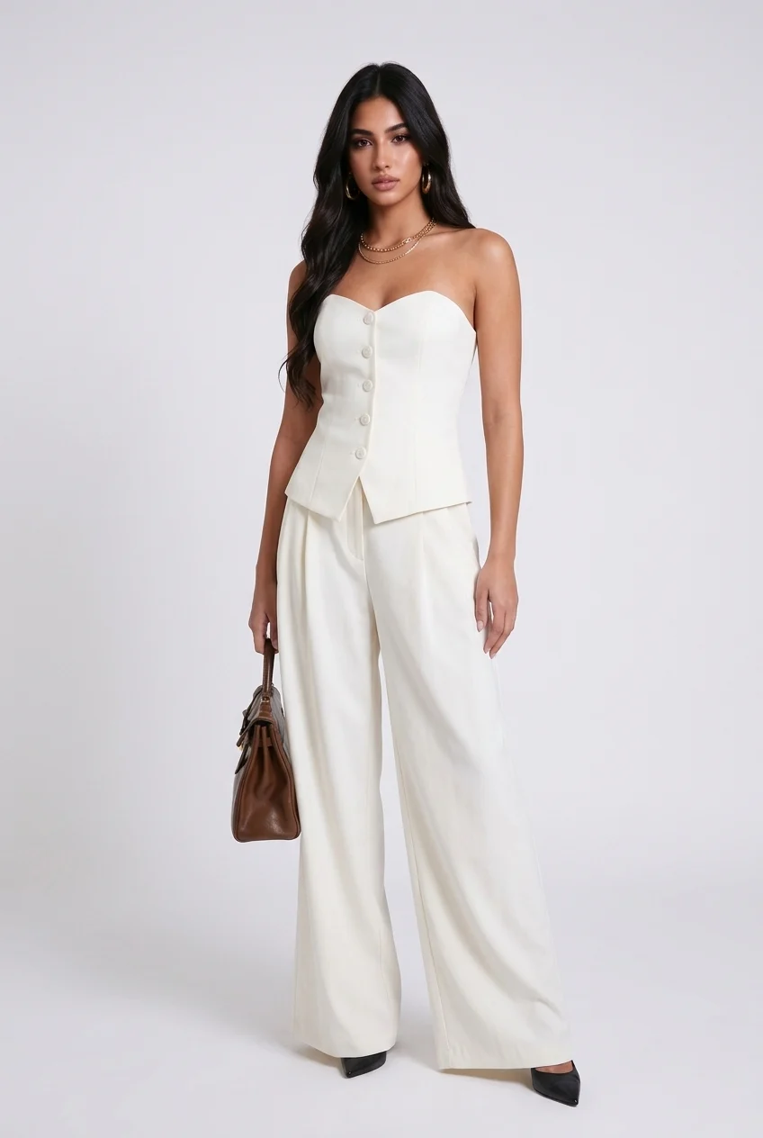 White Strapless Button Front Vest and Pleated Wide Leg Pants Two Piece Set [erp-image:c5423d4bd1299650e6659181]