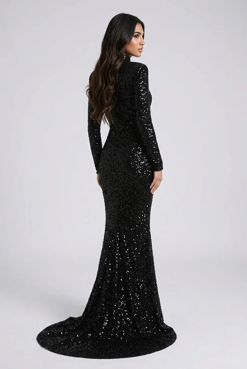Black Sequin High Neck Long Sleeve Mermaid Maxi Evening Dress [erp-image:5005e41ea61d4cbdd7d873a6]