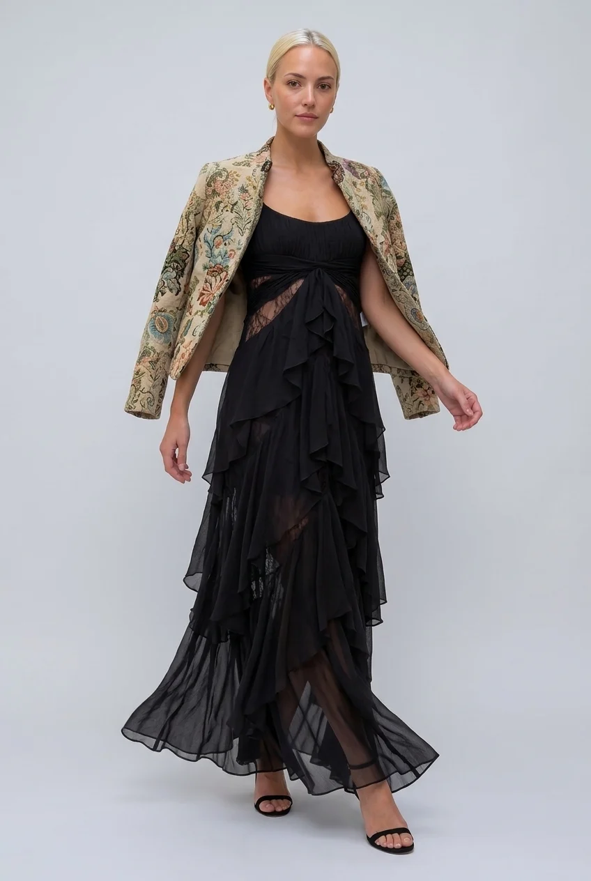 Vintage Brocade Cropped Jacket and Ruffle Maxi Dress Two Piece Set [erp-image:040b3ae231232d349a215a8a]