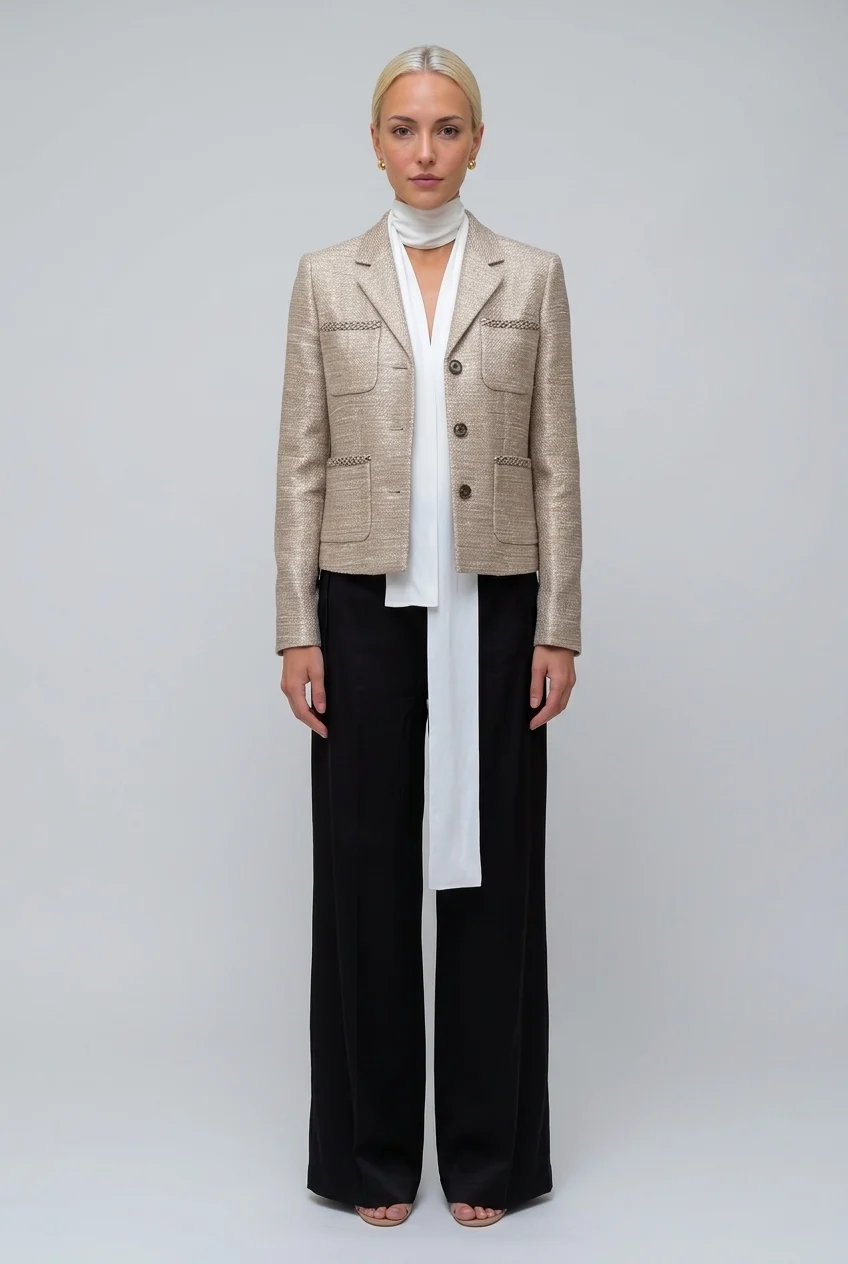 Women's Metallic Textured Tweed Blazer Jacket with Notched Lapel and Pockets [erp-image:cf35511457538bda54454ec3]