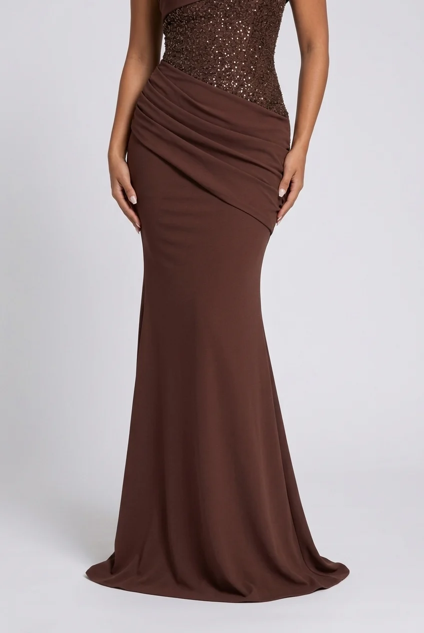 Brown One Shoulder Sequin Corset Draped Mermaid Maxi Evening Gown [erp-image:180b33be58bbac7e0cf558e6]