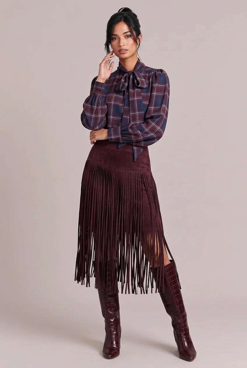 Plaid Bow Tie Blouse and Fringe Maxi Skirt Two Piece Set [erp-image:0d93c2acbb39608e34787d26]