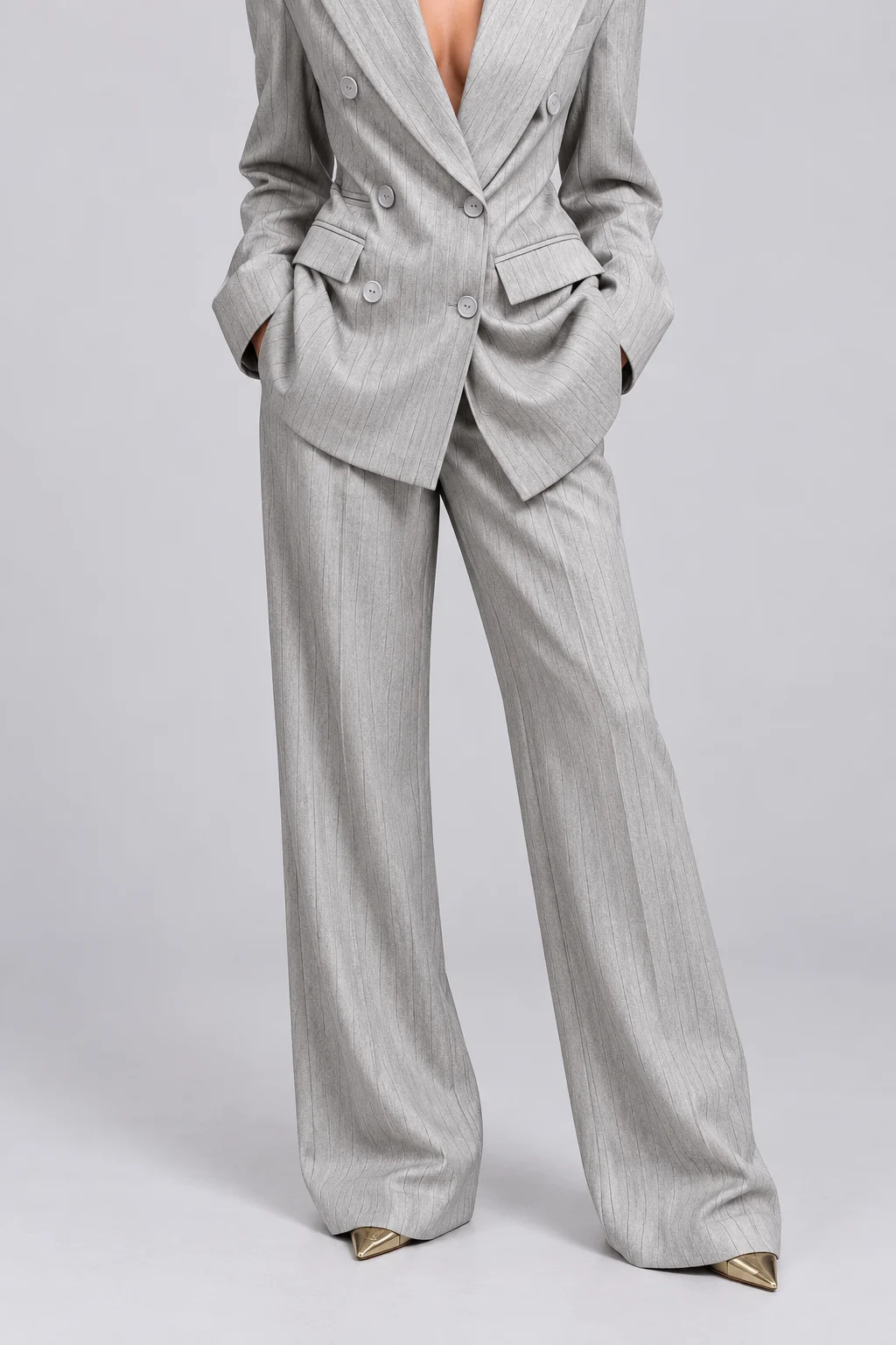 Grey Pinstripe Double-Breasted Blazer and Wide-Leg Pants Two-Piece Suit Set [erp-image:5413fbdf88f17f9ecdf3d5e5]