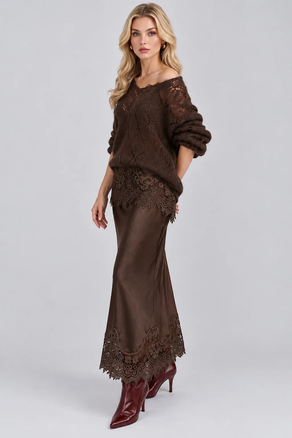 Open Knit Sweater and Lace Trim Satin Midi Skirt Set [erp-image:4d3ce8d82a68251bd0b48348]