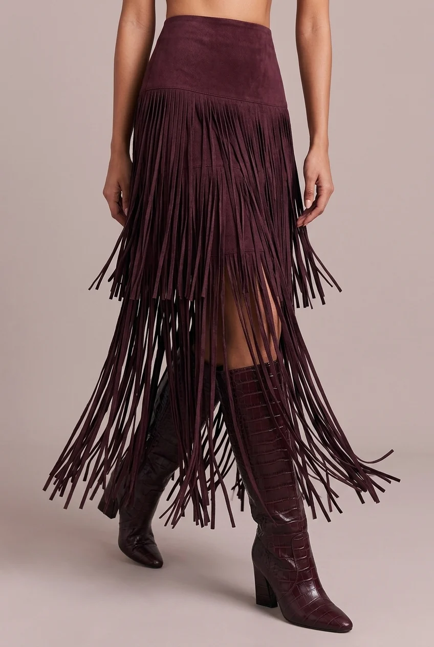 Plaid Bow Tie Blouse and Fringe Maxi Skirt Two Piece Set [erp-image:079e79ef94dc3bf23aca539c]